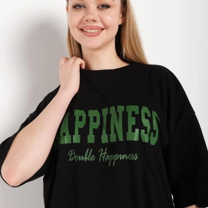 Kadın Siyah Happıness Baskılı Oversize Tshirt