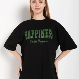 Kadın Siyah Happıness Baskılı Oversize Tshirt