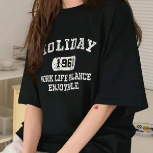 Kadın Siyah Holıday Baskılı Oversize Bisiklet Yaka Tshirt