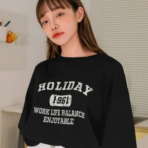 Kadın Siyah Holıday Baskılı Oversize Bisiklet Yaka Tshirt