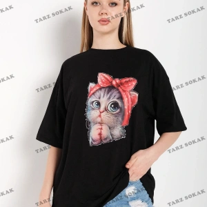 Kadın Siyah Kedi Baskılı Oversize