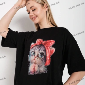 Kadın Siyah Kedi Baskılı Oversize