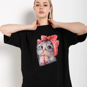 Kadın Siyah Kedi Baskılı Oversize Tişört