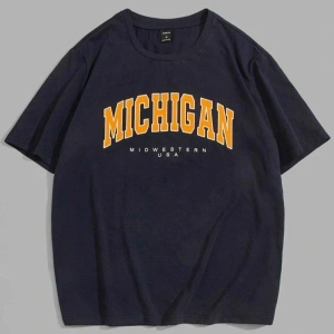 Kadın Siyah Mıchıgan Baskılı Oversize Bisiklet Yaka Tshirt