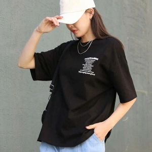 Kadın Siyah Nothing For Nothing Baskılı Oversize T-shirt