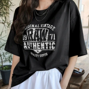 Kadın Siyah Original Vintage Raw Baskılı Oversize Bisiklet Yaka Tshirt