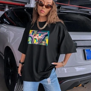 Kadın Siyah Oversize %100 Pamuk Endless Baskılı T-shirt