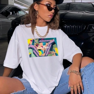 Kadın Siyah Oversize %100 Pamuk Endless Baskılı T-shirt