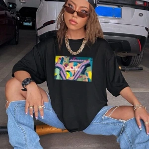 Kadın Siyah Oversize %100 Pamuk Endless Baskılı T-shirt