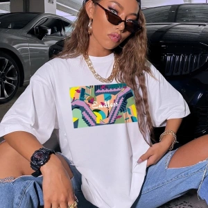 Kadın Siyah Oversize %100 Pamuk Endless Baskılı T-shirt