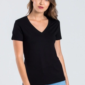 Kadın Siyah Renk V Yaka Kısa Kollu Viskon T-shirt