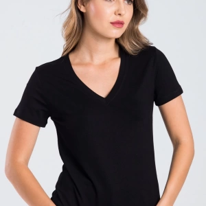Kadın Siyah Renk V Yaka Kısa Kollu Viskon T-shirt
