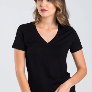 Kadın Siyah Renk V Yaka Kısa Kollu Viskon T-shirt