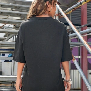 Kadın Siyah Rockıes Baskılı Oversize Bisiklet Yaka Tshirt