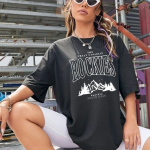 Kadın Siyah Rockıes Baskılı Oversize Bisiklet Yaka Tshirt