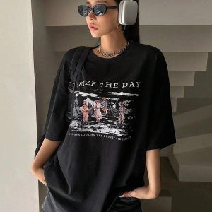 Kadın Siyah Seize The Day Baskılı Oversize T-shirt