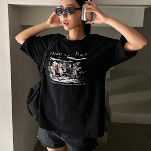 Kadın Siyah Seize The Day Baskılı Oversize T-shirt