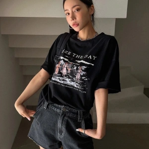 Kadın Siyah Seize The Day Baskılı Oversize T-shirt