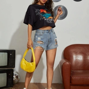 Kadın Siyah Sunset Baskılı Oversize Crop