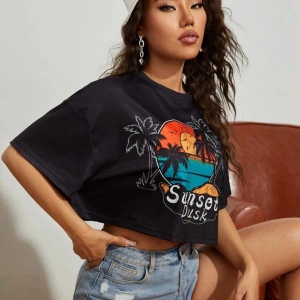Kadın Siyah Sunset Baskılı Oversize Crop