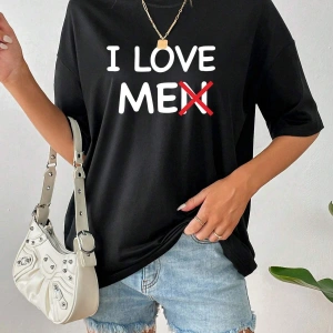 Kadın Slogan Desenli Düşük Omuz Tişört