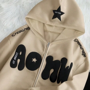 Kadın Sonbahar Ve Kış Mektup Baskılı Fermuarlı Pat Uzun Kollu Kapşonlu Sweatshirt, Uzu Model 5132