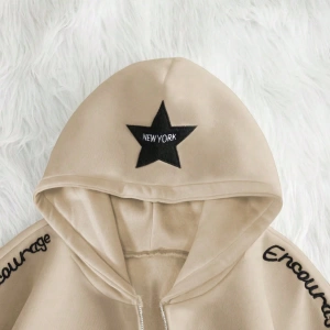 Kadın Sonbahar Ve Kış Mektup Baskılı Fermuarlı Pat Uzun Kollu Kapşonlu Sweatshirt, Uzu Model 5132