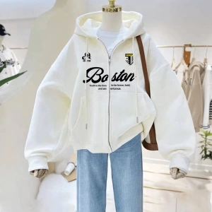 Kadın Sweatshirt Ceket, Sonbahar/Kış, Fermuarlı Kapatma, Termal Astarlı, Amerikan Stili, Logo Model 5136