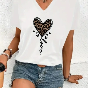 Kadın V yaka Beyaz Siyah T-Shirt Baskılı Oversize