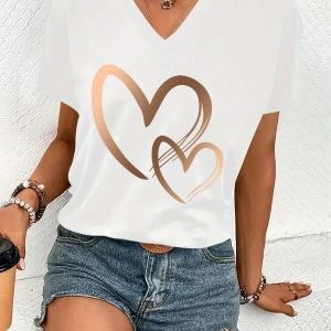 Kadın V yaka Beyaz Siyah T-Shirt Baskılı Oversize