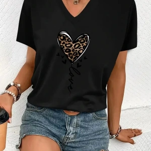 Kadın V yaka Beyaz Siyah T-Shirt Baskılı Oversize