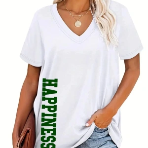 Kadın V yaka Siyah Beyaz Tişört Happiness Baskılı Oversize