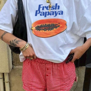 Kadın Y2k Yaz Papaya Mektup Baskılı Yuvarlak Yaka Kısa Kollu Basit Günlük Tişört Üstleri