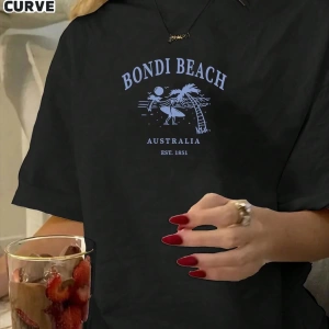 Kadın Yaz Büyük Beden Avustralya Bondi Beach Baskılı Yuvarlak Yaka Kısa Kollu Rahat Basit Bol