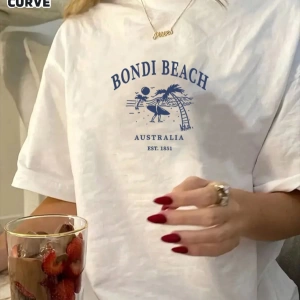 Kadın Yaz Büyük Beden Avustralya Bondi Beach Baskılı Yuvarlak Yaka Kısa Kollu Rahat Basit Bol