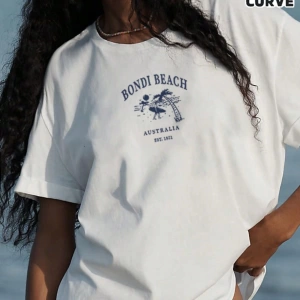 Kadın Yaz Büyük Beden Avustralya Bondi Beach Baskılı Yuvarlak Yaka Kısa Kollu Rahat Basit Bol