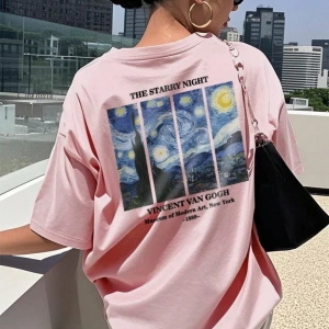 Kadın Yaz Kişiselleştirilmiş Harf Baskılı Desen Yuvarlak Yaka Tişört Moda ve Çok Yönlü Kadın