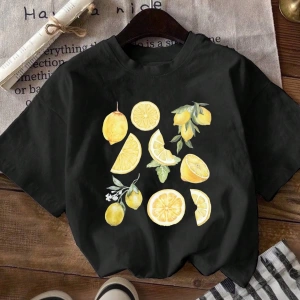 Kadın Yaz Limon Desenli Yuvarlak Yaka Kısa Kollu Basit Günlük Tişört