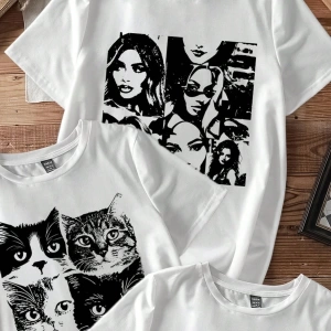 Kadın Yaz Renkli Harf Çiçek Desenli Yuvarlak Yaka Tişört Moda ve Çok Yönlüdür.Grafik Tişörtle