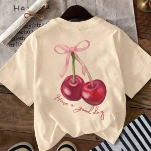 Kadın Yazlık Mektup Kiraz Desenli Yuvarlak Yakalı Tişört Tatil Giyimleri İçin Grafik Tişörtle