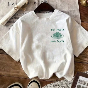 Kadın Yazlık Rahat Makarna Desen Yuvarlak Yaka Kısa Kollu Tişört