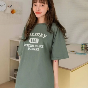 Kadın Yeşil Holıday Baskılı Bisiklet Yaka Tshirt