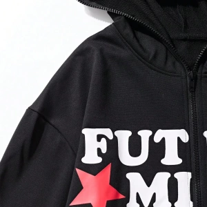 Kadın Yıldız ve Harf Baskılı Bol Kesim Kapüşonlu Sweatshirt, Sonbahar Model 5187