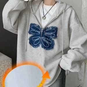 Kadın Yıpranmış Kelebek Detaylı Fermuarlı Kapüşonlu Sweatshirt Model 5160