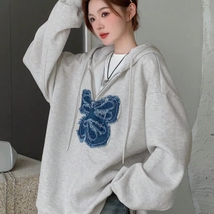 Kadın Yıpranmış Kelebek Detaylı Fermuarlı Kapüşonlu Sweatshirt Model 5160