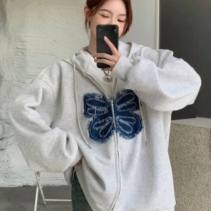 Kadın Yıpranmış Kelebek Detaylı Fermuarlı Kapüşonlu Sweatshirt Model 5160