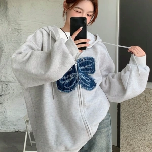 Kadın Yıpranmış Kelebek Detaylı Fermuarlı Kapüşonlu Sweatshirt Model 5160