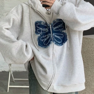 Kadın Yıpranmış Kelebek Detaylı Fermuarlı Kapüşonlu Sweatshirt Model 5160