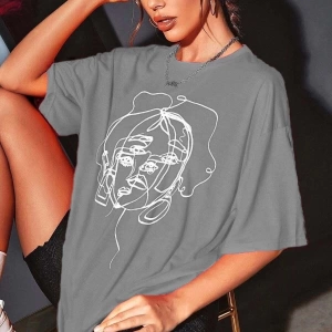 Kadın Yüz Baskı Detaylı Oversize T-shirt
