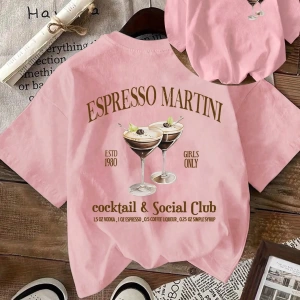 Kadınlar Rahat Yuvarlak Yaka Kısa Kollu Tişört Espresso Martini Coffee Club Grafikli, Yaz K